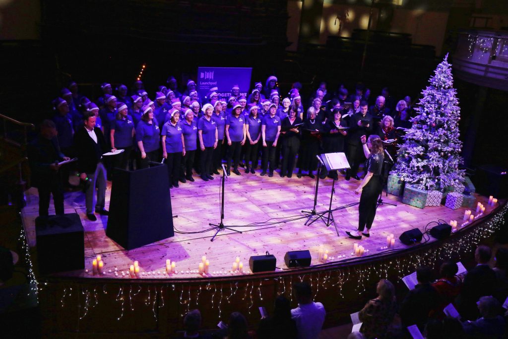 two choirs on stage