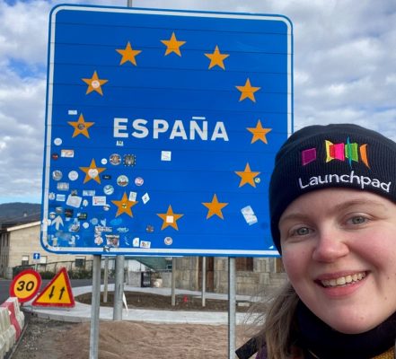 Head shot of Lizzie in Spain on a sponsored walk wearing a Launchpad beanie hat