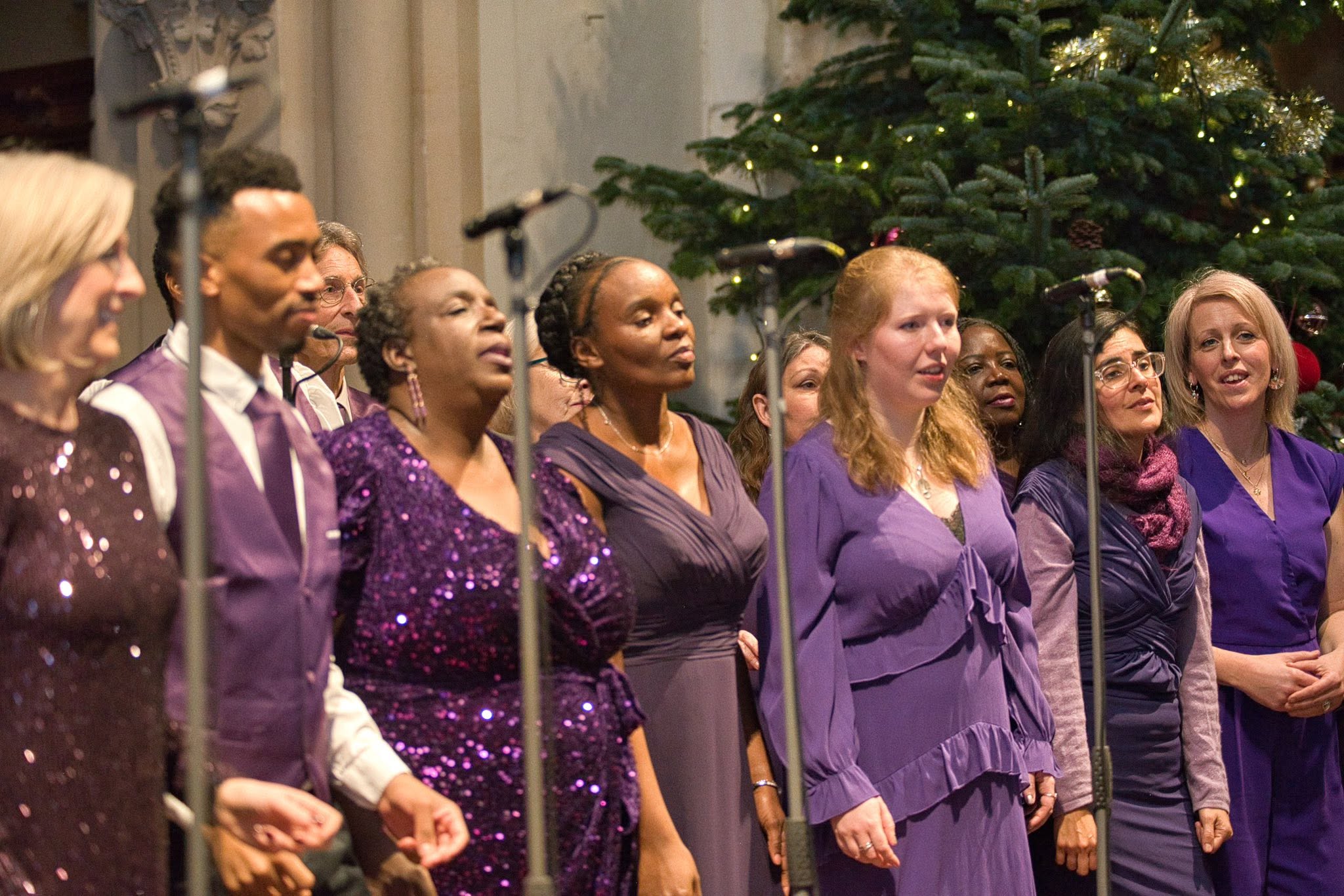 ladies and gents in purple singing by a Christmas tree